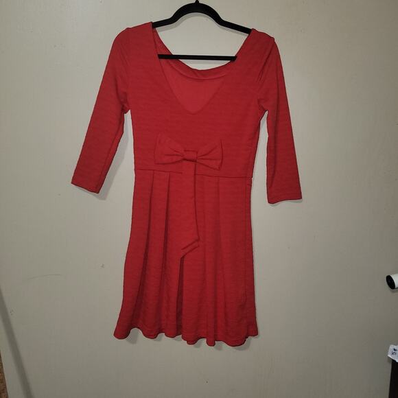 Red Fit & Flare Dress with Beaded Neckline & Bow Detail – Size Small - Picture 8 of 13